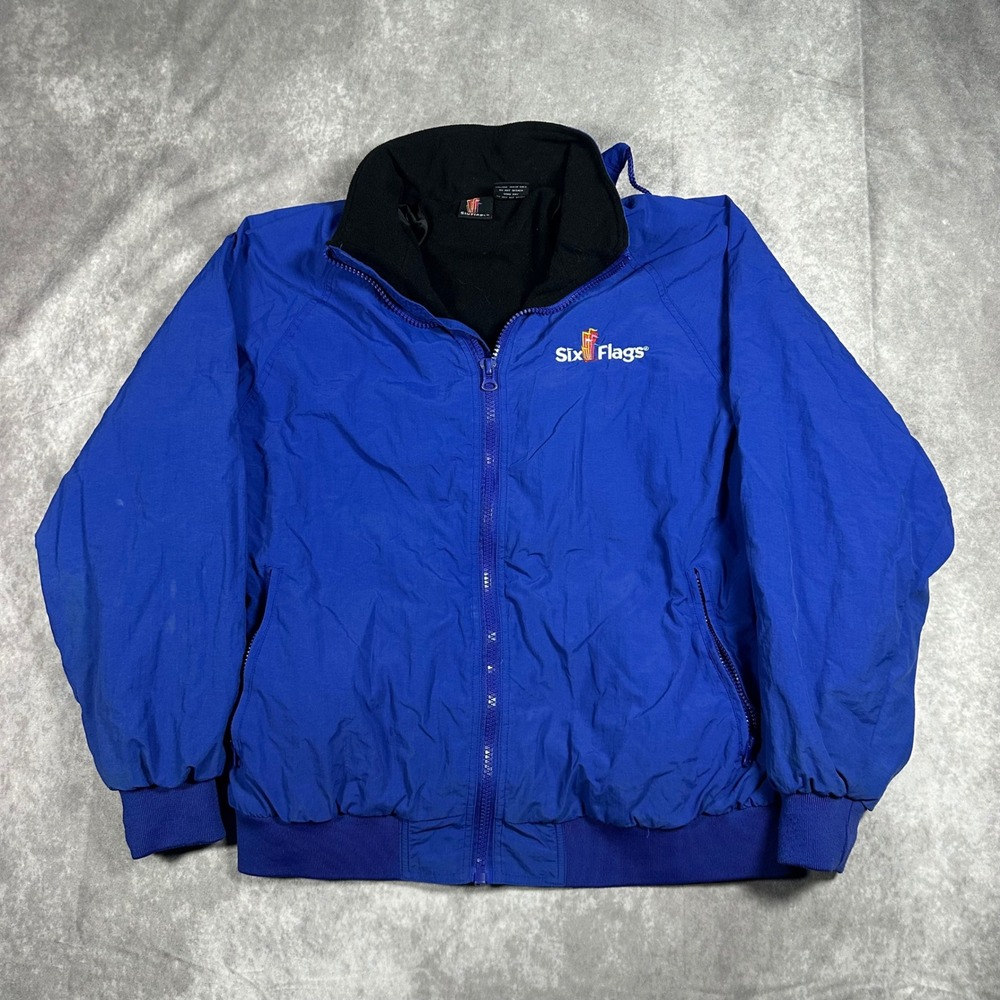 Six Flags Mens Large Blue Fleece Lined Nylon Full Zip Bomber Jacket Theme Park L